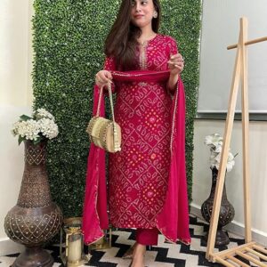 Women's Rayon Viscose Straight Bandhej Printed Kurta with Pant & Dupatta